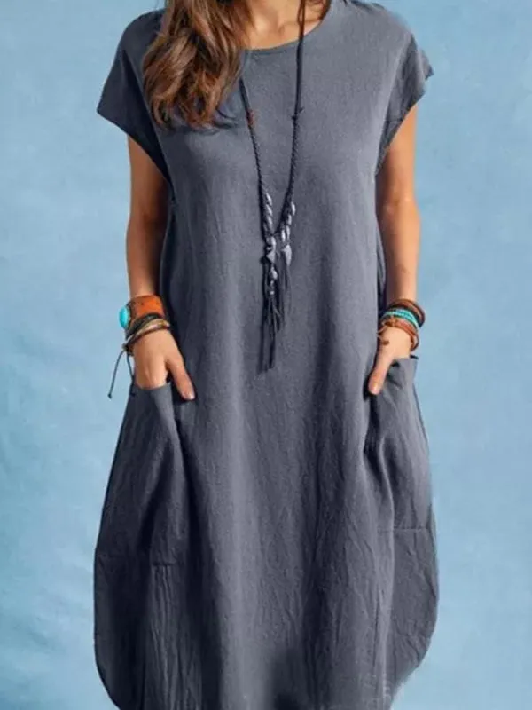 Loose Casual Dress with Pockets Cotton Linen Blend