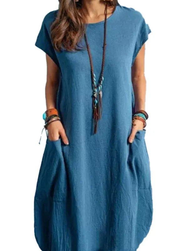 Loose Casual Dress with Pockets Cotton Linen Blend