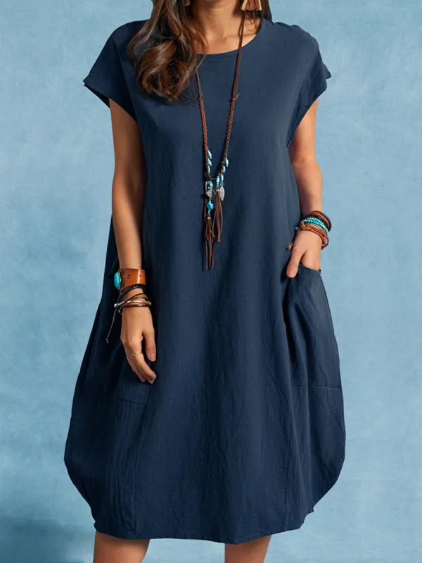 Loose Casual Dress with Pockets Cotton Linen Blend