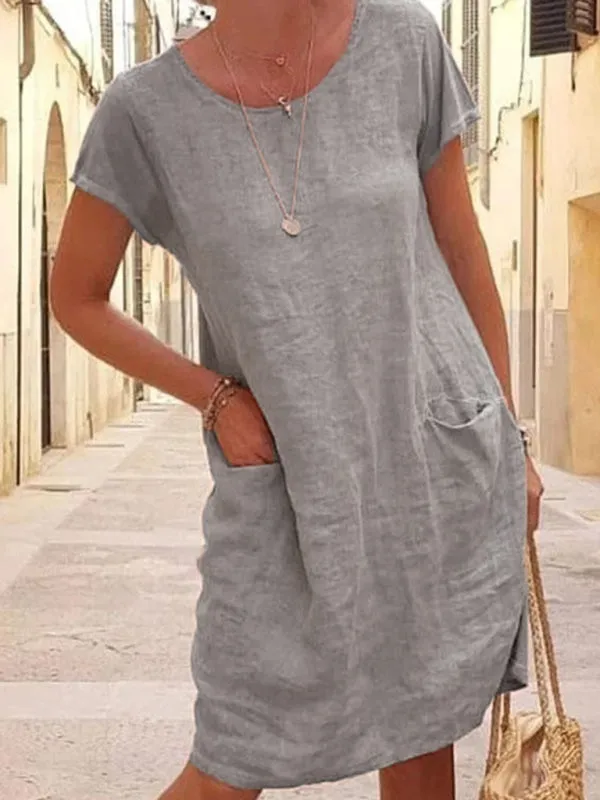Loose Fit Cotton Linen Dress with Pockets