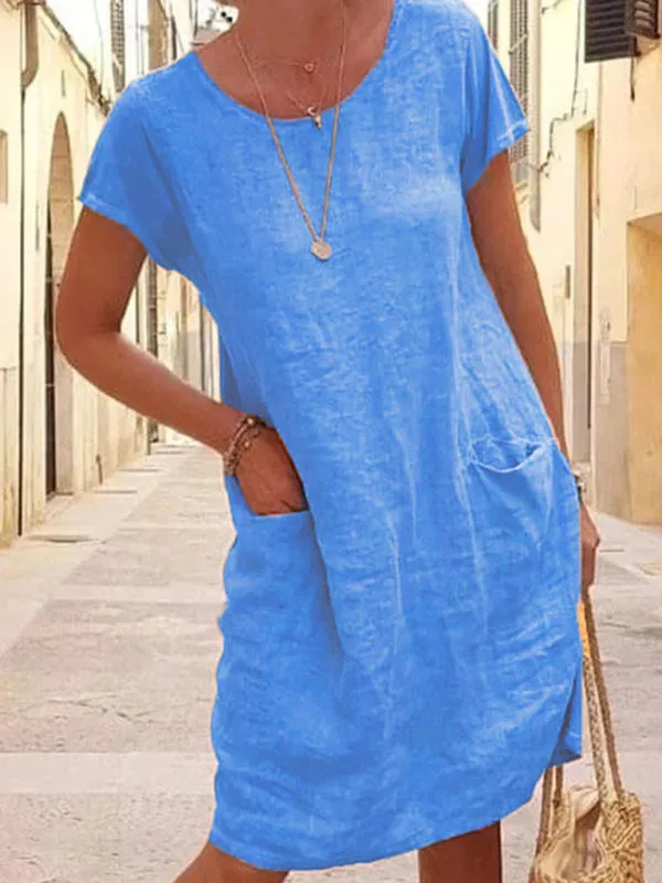 Loose Fit Cotton Linen Dress with Pockets