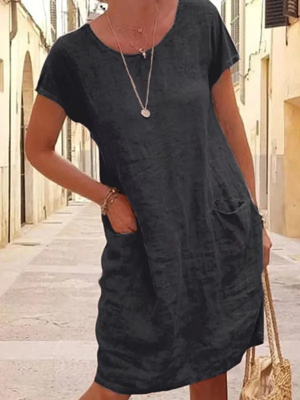 Loose Fit Cotton Linen Dress with Pockets