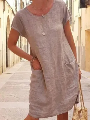 Loose Fit Cotton Linen Dress with Pockets