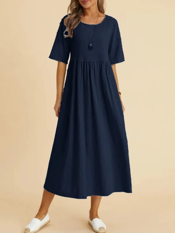 Loose Fit Midi Dress with Round Neck and Gathered Waist