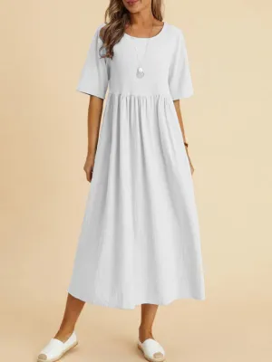 Loose Fit Midi Dress with Round Neck and Gathered Waist