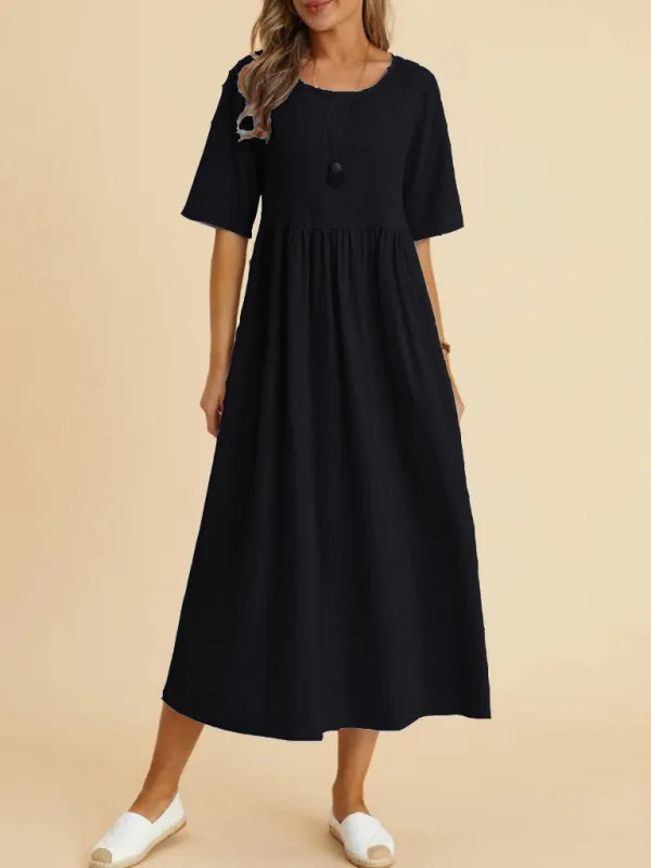 Loose Fit Midi Dress with Round Neck and Gathered Waist