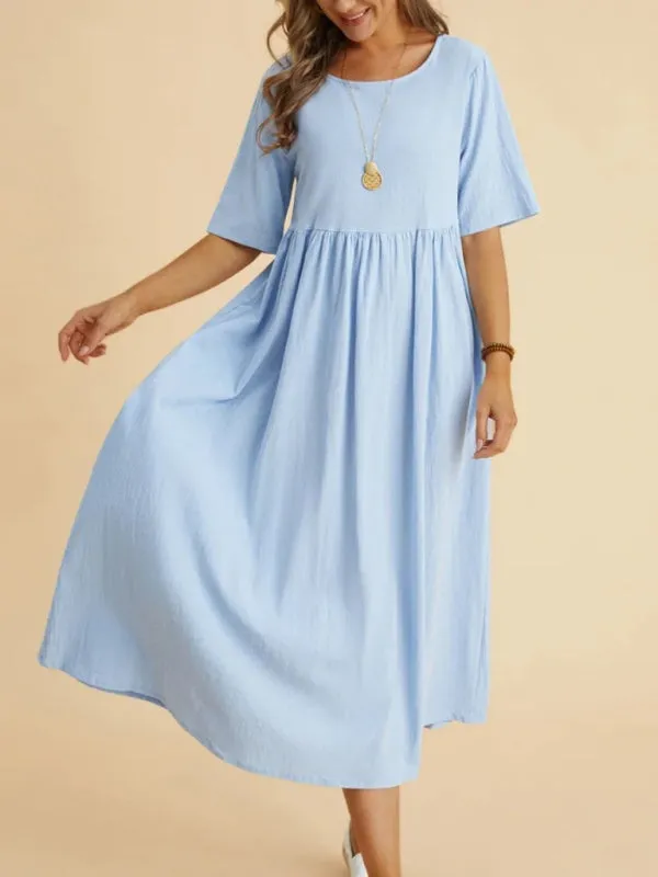 Loose Fit Midi Dress with Round Neck and Gathered Waist