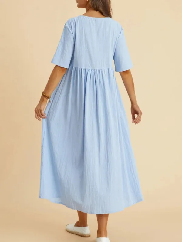 Loose Fit Midi Dress with Round Neck and Gathered Waist
