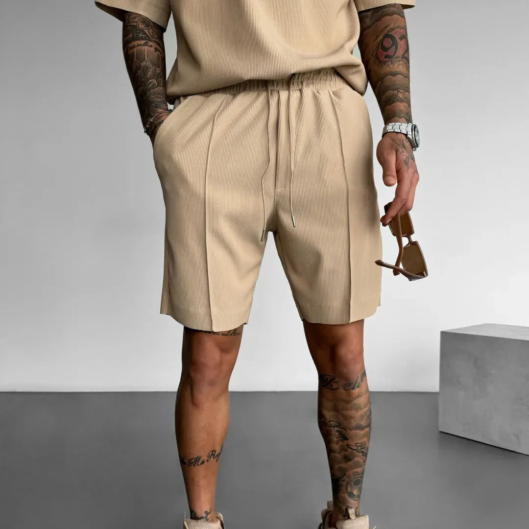 LOOSE FIT TEXTURED SEAM SHORTS - TAN