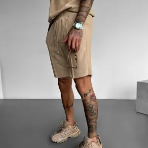 LOOSE FIT TEXTURED SEAM SHORTS - TAN