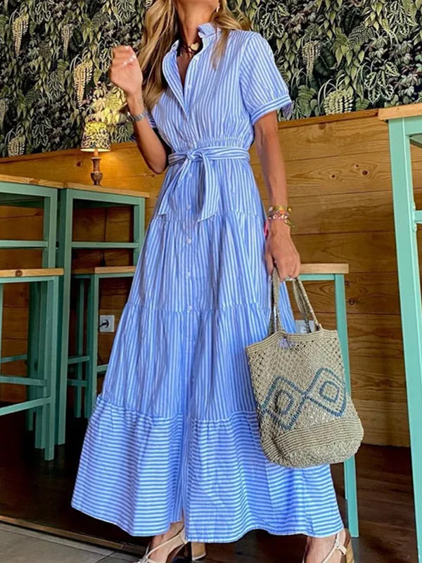 Loose Short Sleeves Striped Lapel Maxi Dresses