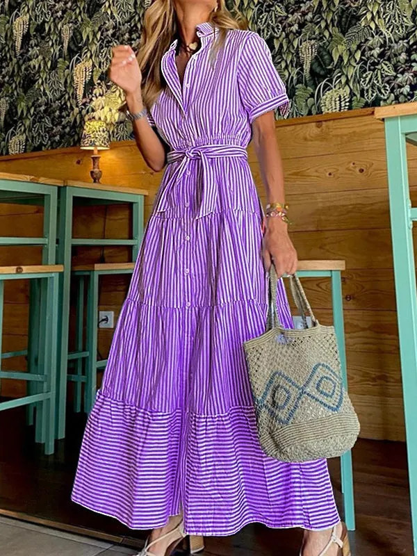 Loose Short Sleeves Striped Lapel Maxi Dresses