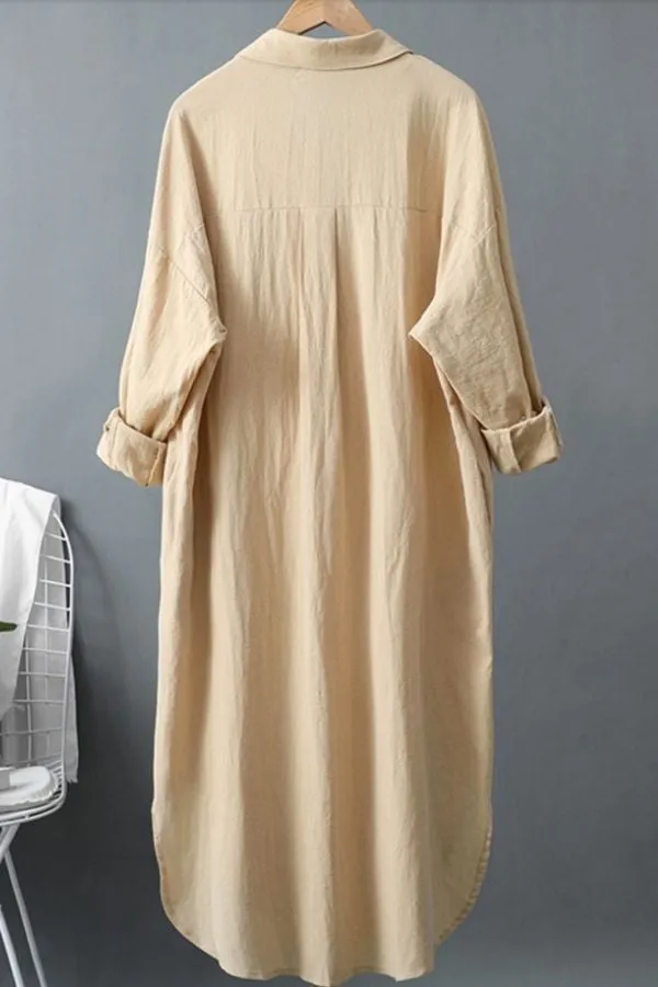 Loose Solid Color Cotton And Linen Dress(Fit 99 To 132bs)
