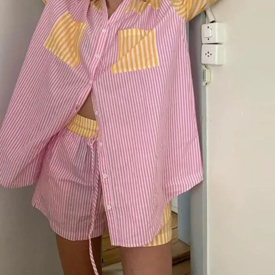 Loung Wear Tracksuit Women Shorts Set Stripe Long Sleeve Shirt Tops And Loose High Waisted Mini Shorts Two Piece Set 2021