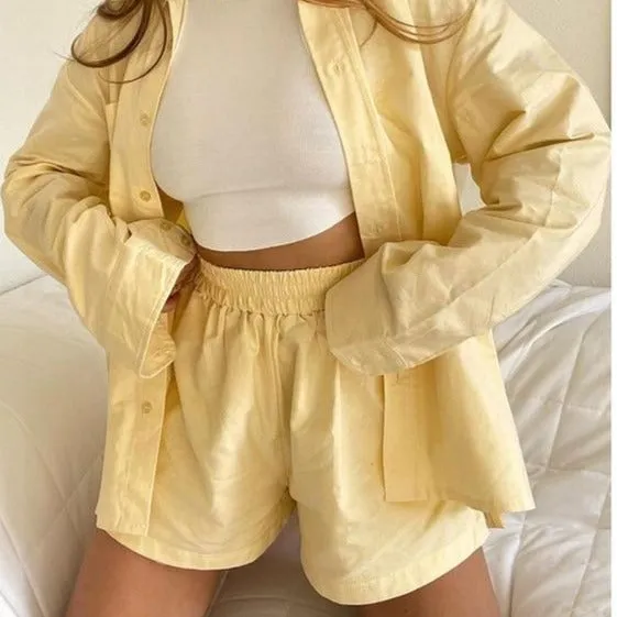 Loung Wear Tracksuit Women Shorts Set Stripe Long Sleeve Shirt Tops And Loose High Waisted Mini Shorts Two Piece Set 2021