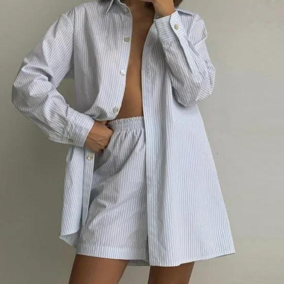Loung Wear Tracksuit Women Shorts Set Stripe Long Sleeve Shirt Tops And Loose High Waisted Mini Shorts Two Piece Set 2021