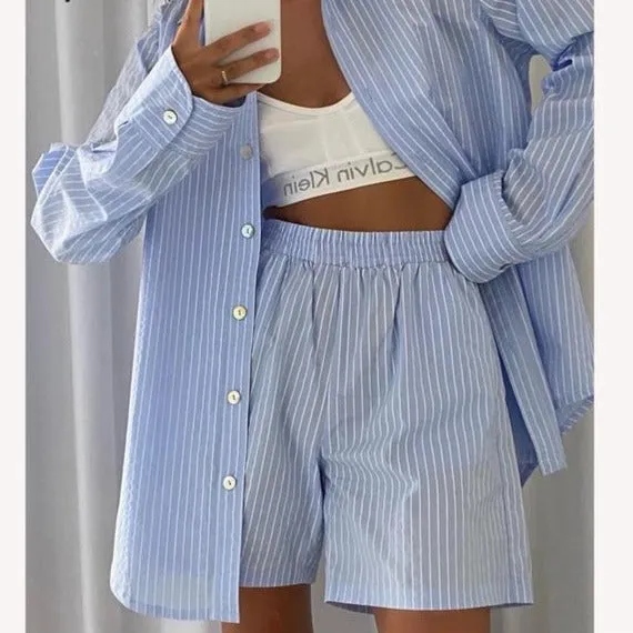 Loung Wear Tracksuit Women Shorts Set Stripe Long Sleeve Shirt Tops And Loose High Waisted Mini Shorts Two Piece Set 2021