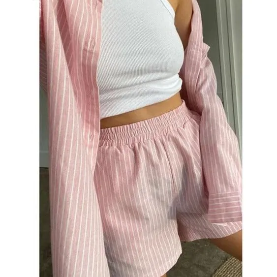 Loung Wear Tracksuit Women Shorts Set Stripe Long Sleeve Shirt Tops And Loose High Waisted Mini Shorts Two Piece Set 2021
