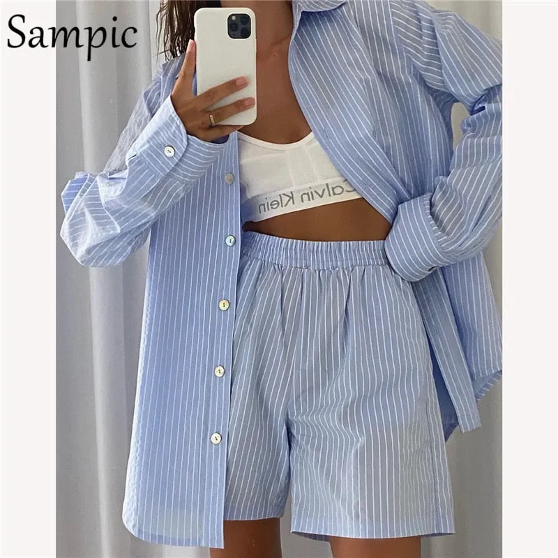 Loung Wear Tracksuit Women Shorts Set Stripe Long Sleeve Shirt Tops And Loose High Waisted Mini Shorts Two Piece Set 2021