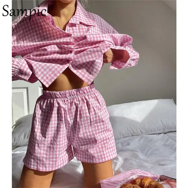 Loung Wear Tracksuit Women Shorts Set Stripe Long Sleeve Shirt Tops And Loose High Waisted Mini Shorts Two Piece Set 2021