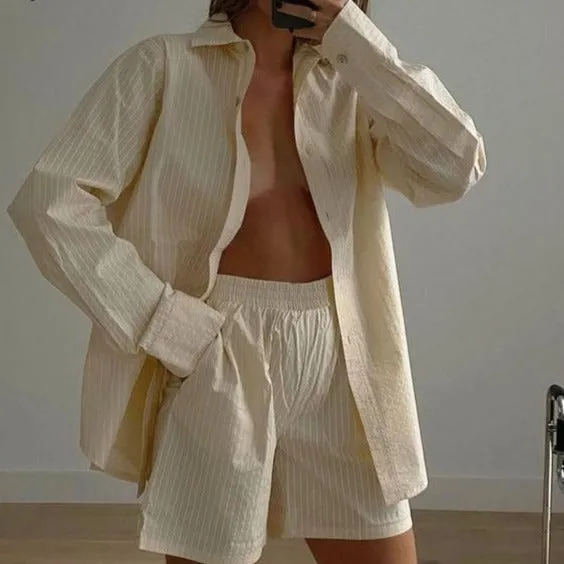 Loung Wear Tracksuit Women Shorts Set Stripe Long Sleeve Shirt Tops And Loose High Waisted Mini Shorts Two Piece Set 2021