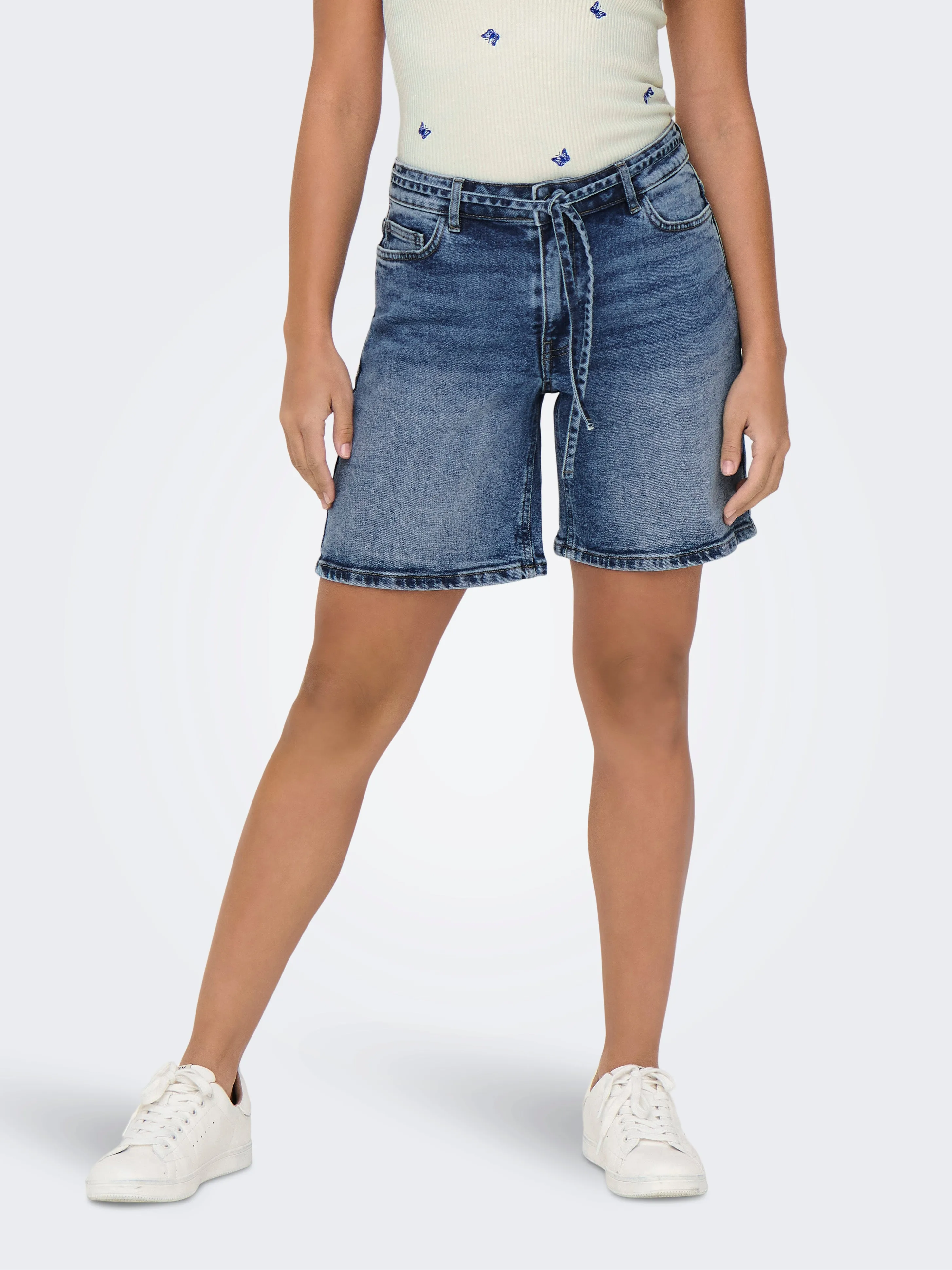 Lullu Tie Waist Long Denim Shorts