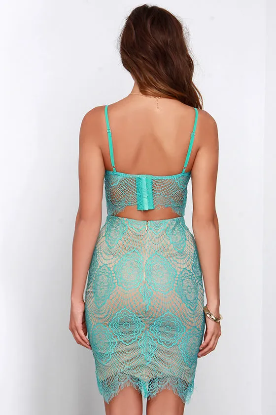 LULU’S Star Of The Stage Sea Green Lace Two Piece Dress Size M