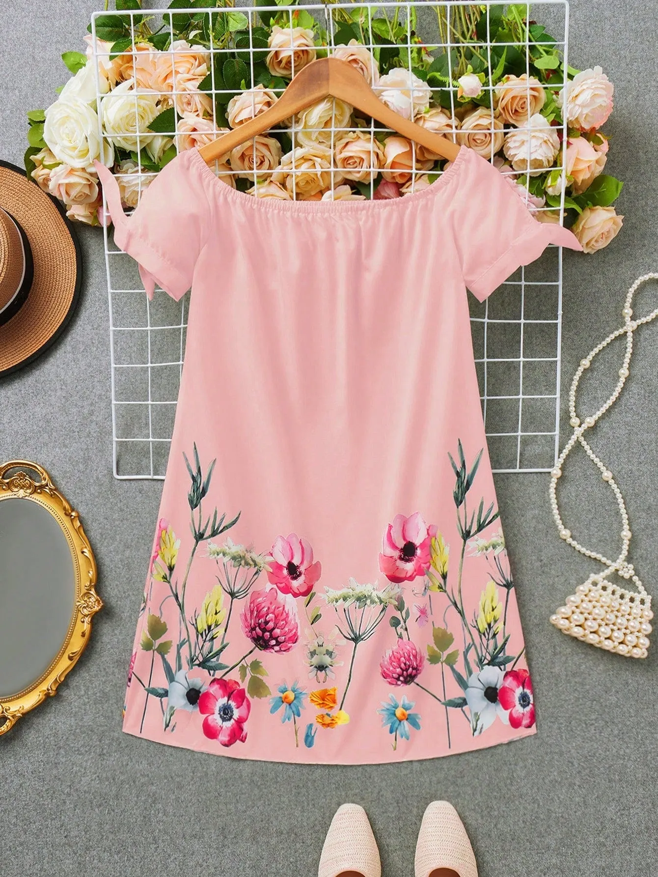 LUNE Positioning Flower Print Dress With Bowknot Decoration