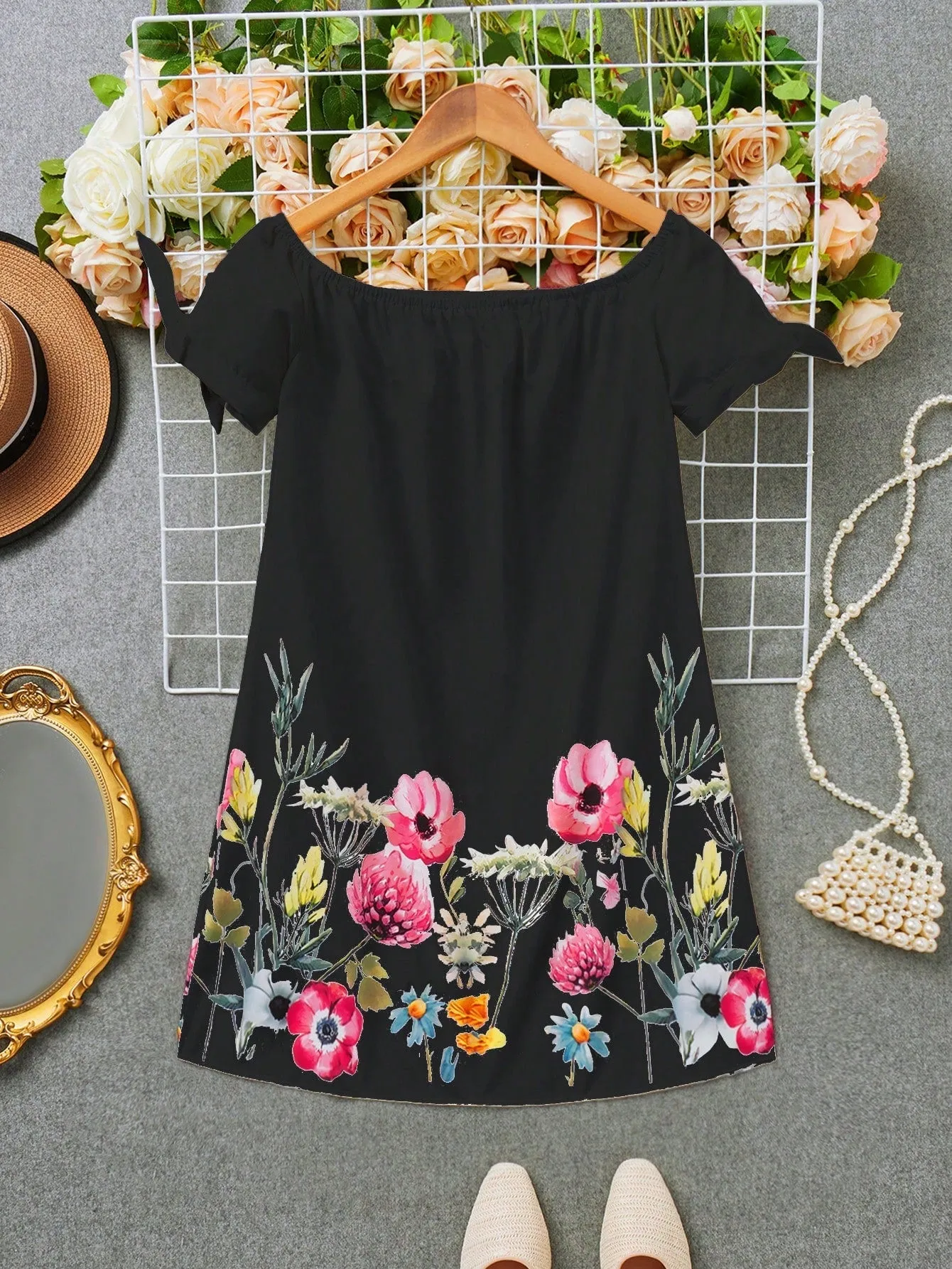 LUNE Positioning Flower Print Dress With Bowknot Decoration