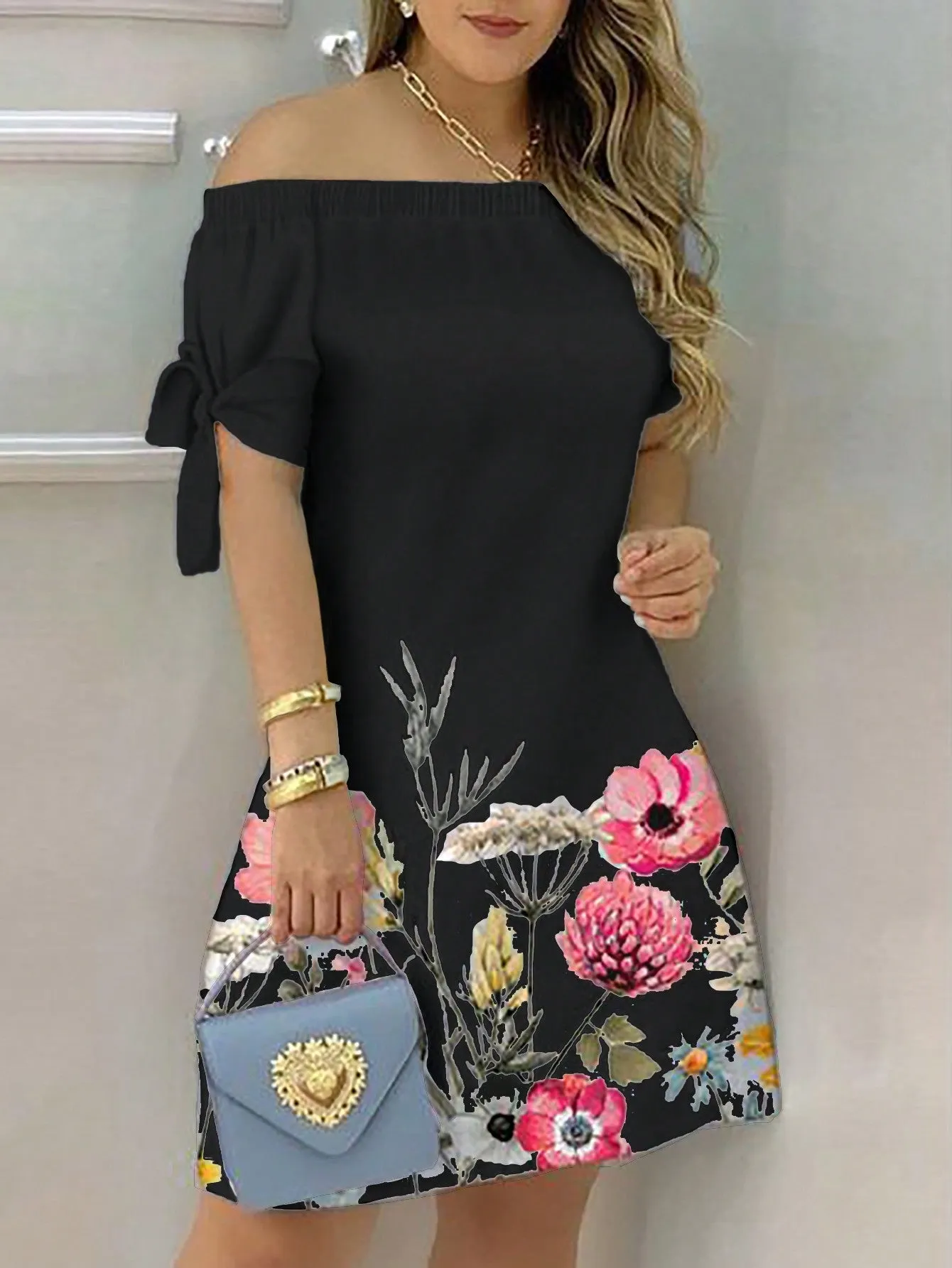LUNE Positioning Flower Print Dress With Bowknot Decoration