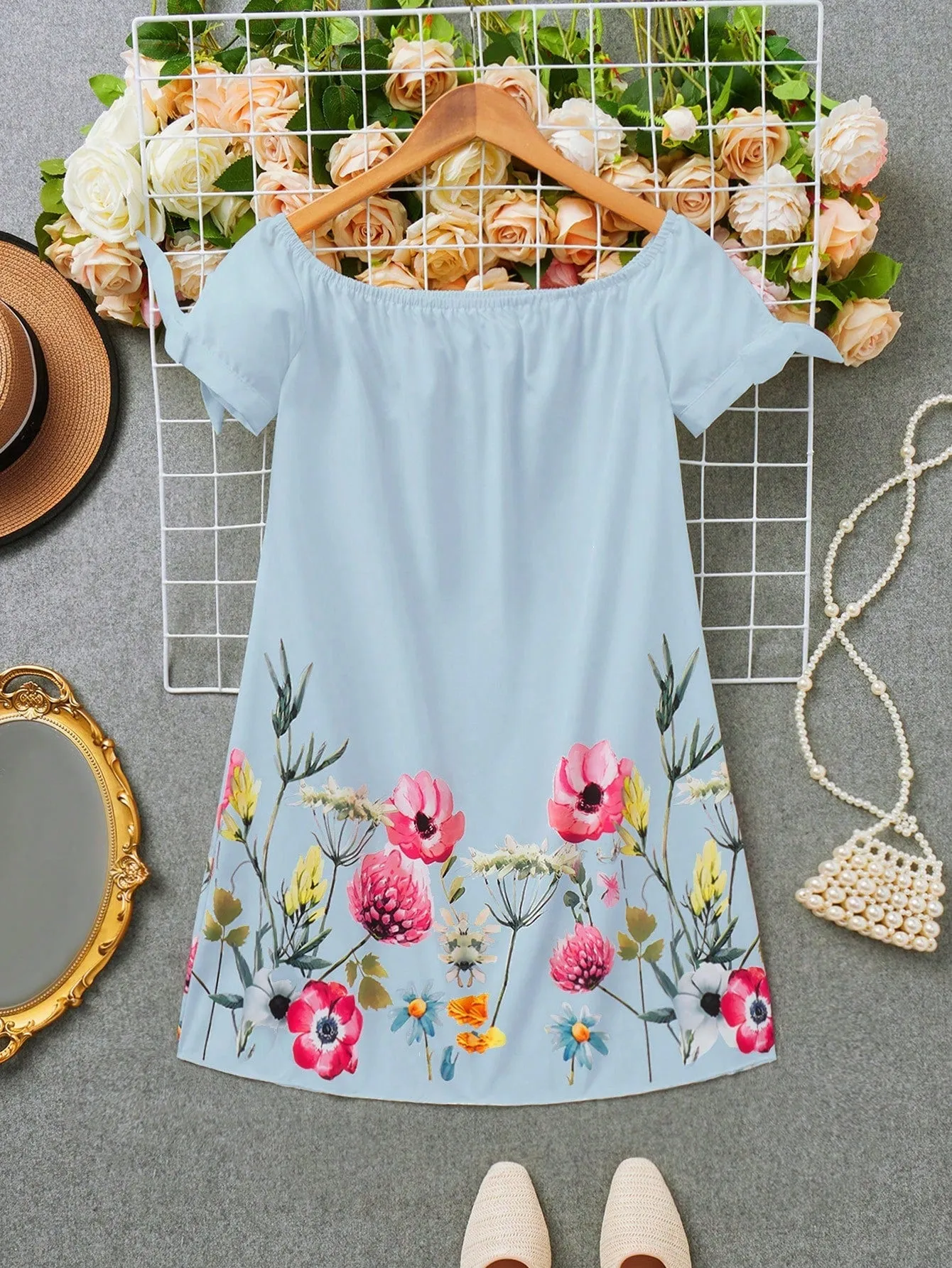 LUNE Positioning Flower Print Dress With Bowknot Decoration
