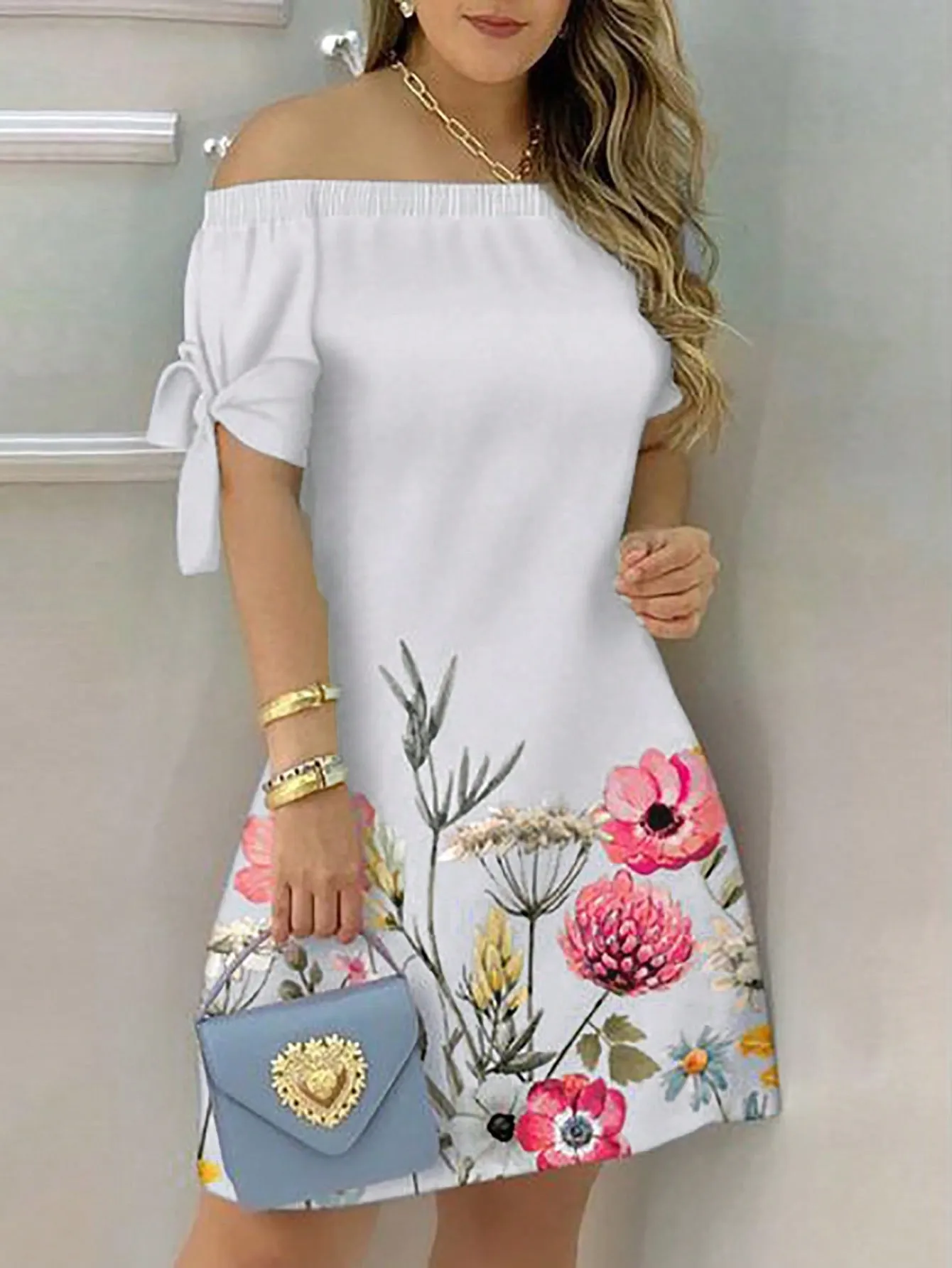 LUNE Positioning Flower Print Dress With Bowknot Decoration