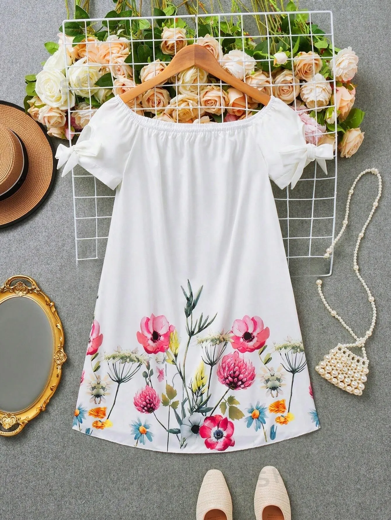 LUNE Positioning Flower Print Dress With Bowknot Decoration