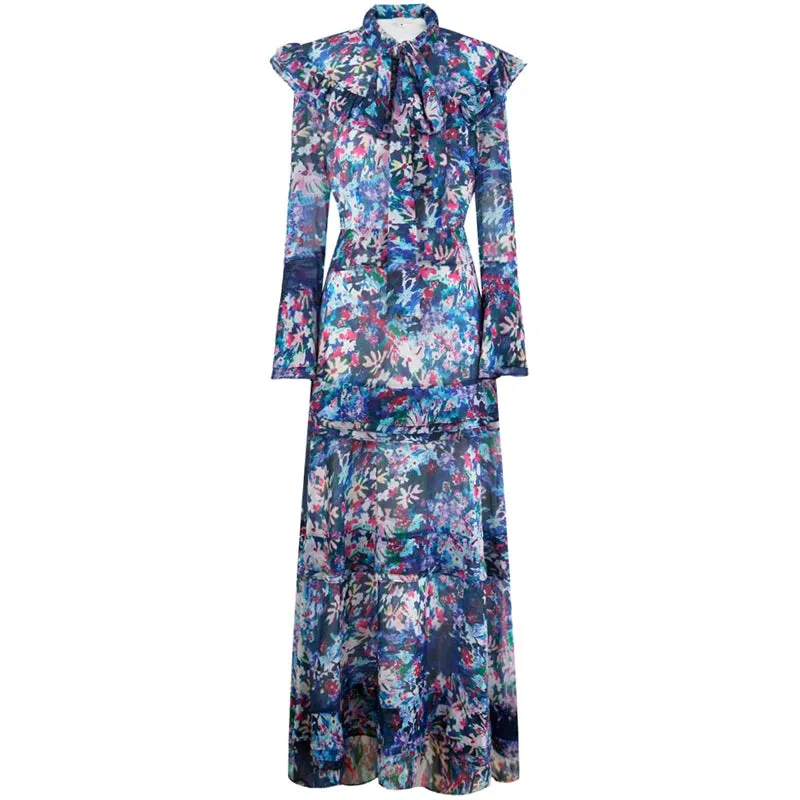 Mabel Frenulum Collar Button Ruffles High Waist Slim Party Long Dress