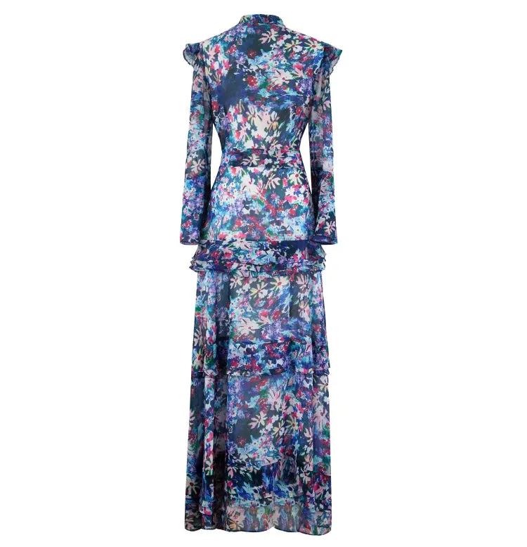 Mabel Frenulum Collar Button Ruffles High Waist Slim Party Long Dress