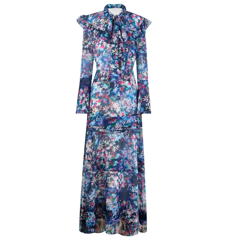 Mabel Frenulum Collar Button Ruffles High Waist Slim Party Long Dress