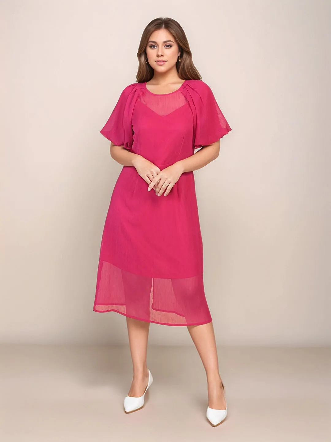 Magenta Solid Straight Fit Midi Dress