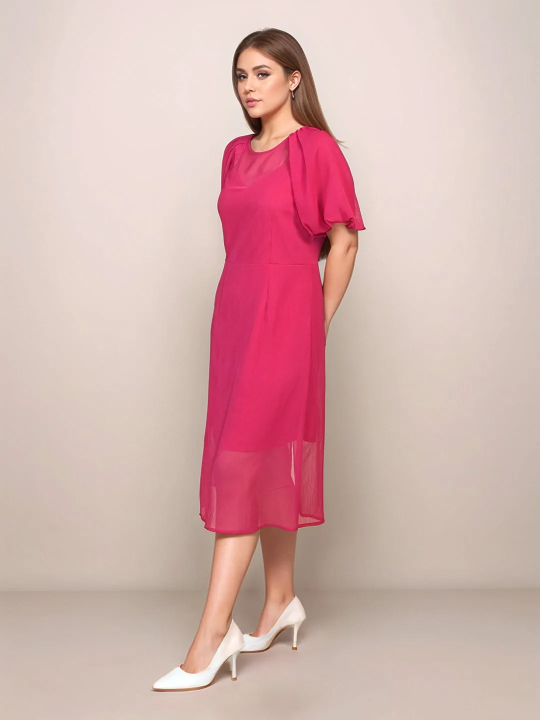Magenta Solid Straight Fit Midi Dress