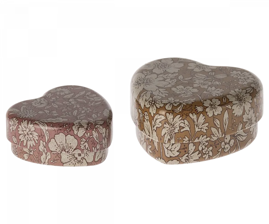 Maileg Metal heart box, 2 pcs set - Ocher/Heather blossom