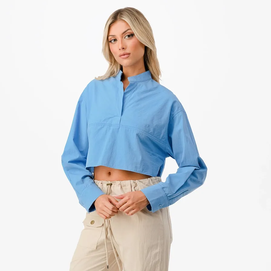 Mandarin Collar Long Sleeve Cropped Shirt