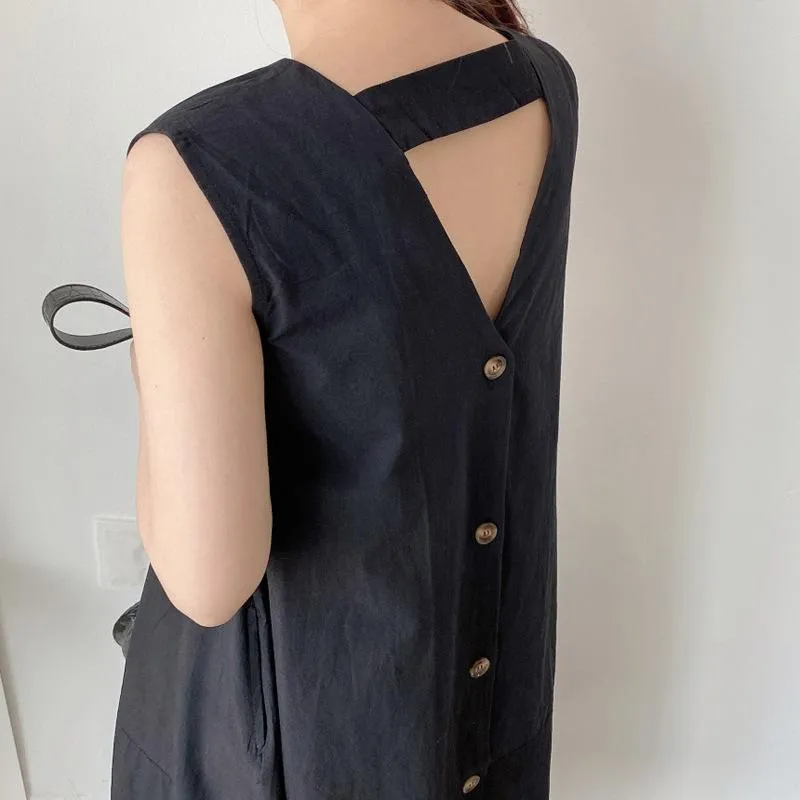 Maxi Dresses Summer Back Single Breasted Women's Dress Sexy Sleevless Loose Female Robe Dress Plus Size Dresses