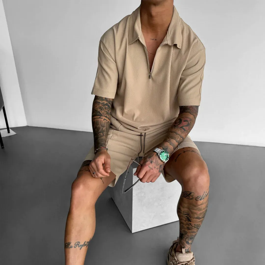 Men's Loose Fit Zipper Shirt & Short Set - Beige