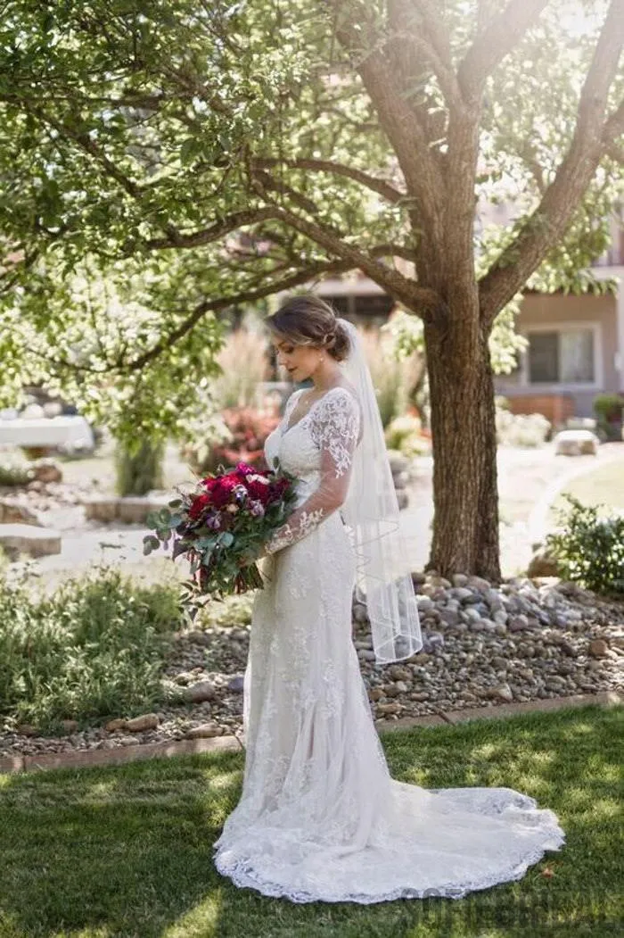 Mermaid V-neck Long Sleeves Lace Backless Wedding Dresses, WD0307