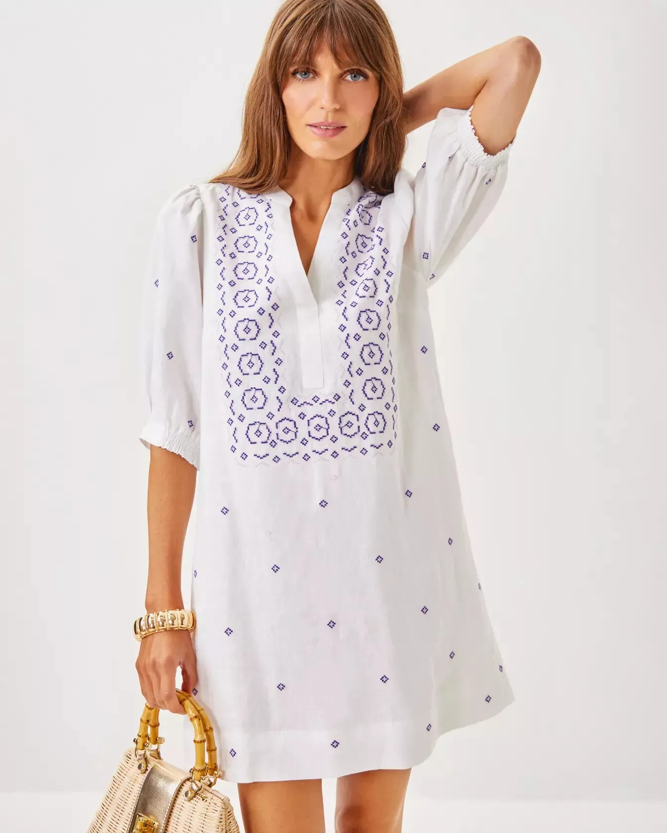 MIALEIGH ELBOW SLEEVE LINEN DRESS