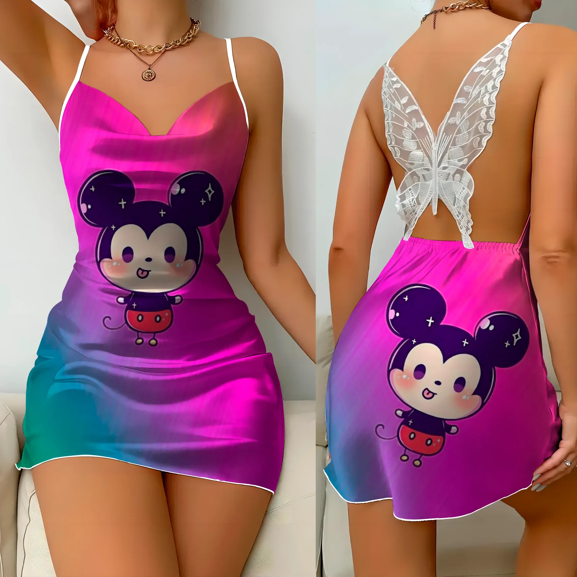 Mini Dress Pajama Skirt Bow Knot Party Dresses Satin Surface Minnie Mouse Disney Mickey Women Fashion Summer  Elegant Women