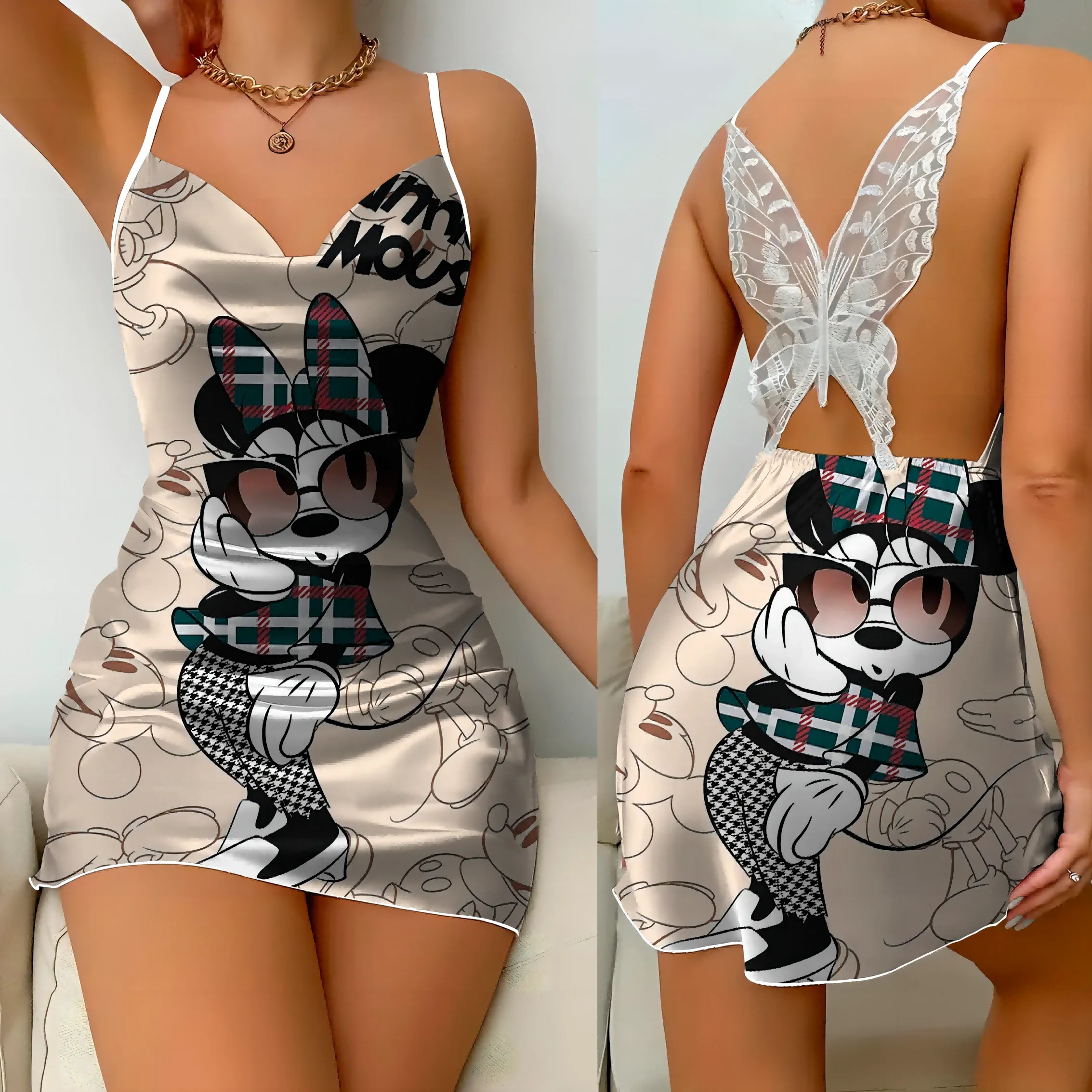 Mini Dress Pajama Skirt Bow Knot Party Dresses Satin Surface Minnie Mouse Disney Mickey Women Fashion Summer  Elegant Women