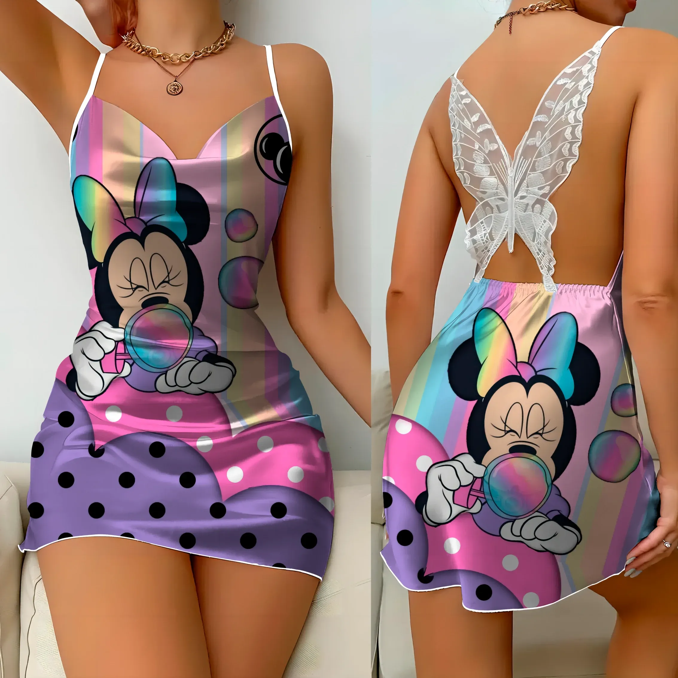 Mini Dress Pajama Skirt Bow Knot Party Dresses Satin Surface Minnie Mouse Disney Mickey Women Fashion Summer  Elegant Women
