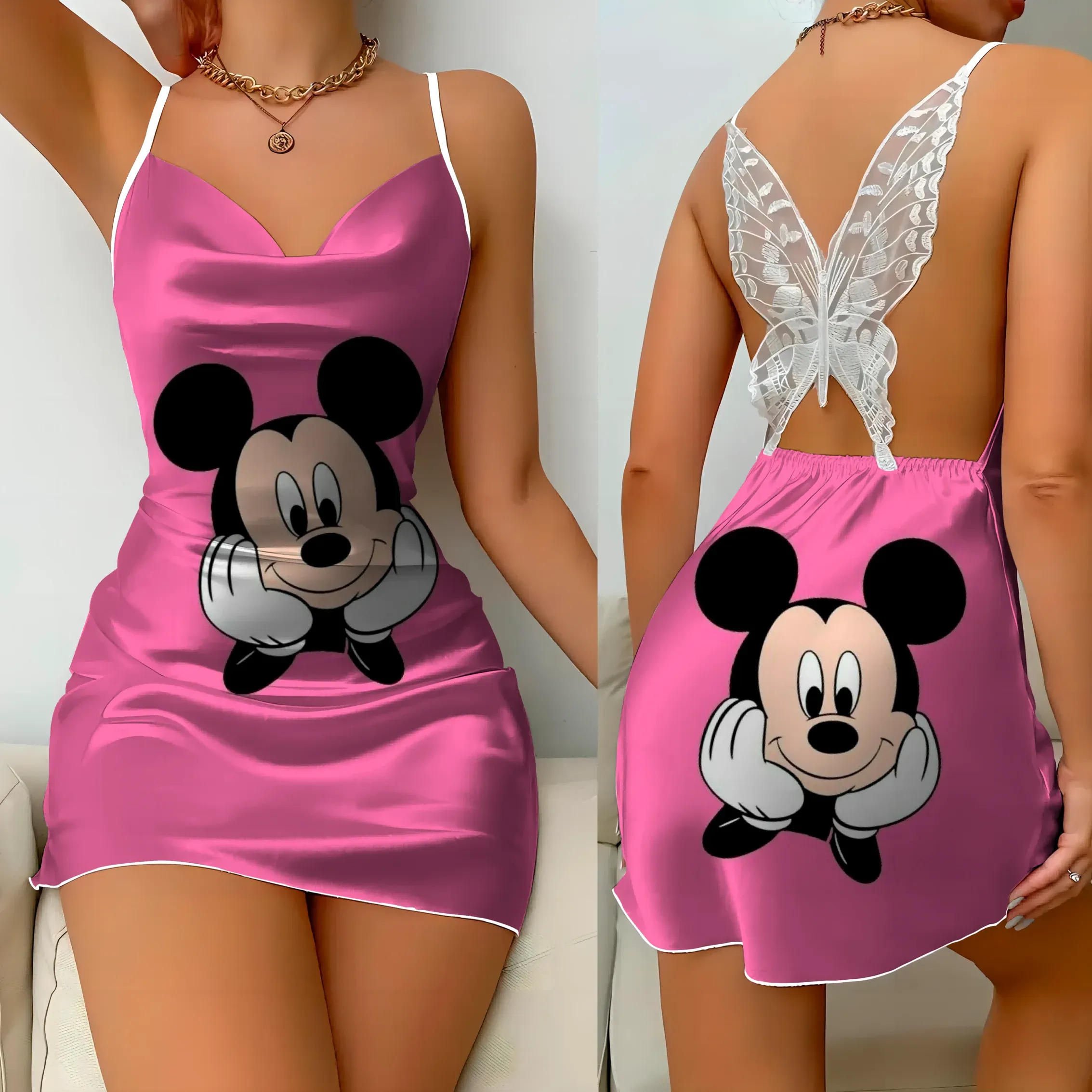 Mini Dress Pajama Skirt Bow Knot Party Dresses Satin Surface Minnie Mouse Disney Mickey Women Fashion Summer  Elegant Women