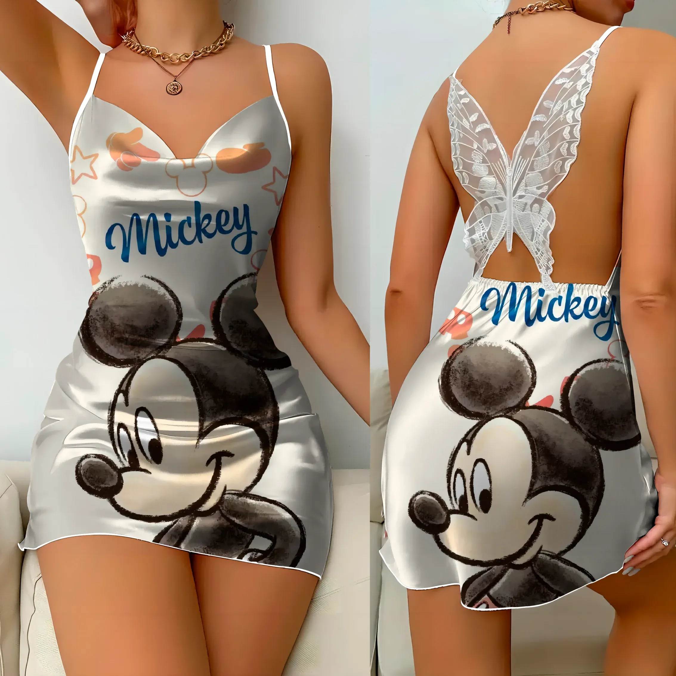 Mini Dress Pajama Skirt Bow Knot Party Dresses Satin Surface Minnie Mouse Disney Mickey Women Fashion Summer  Elegant Women
