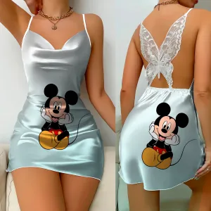 Mini Dress Pajama Skirt Bow Knot Party Dresses Satin Surface Minnie Mouse Disney Mickey Women Fashion Summer  Elegant Women